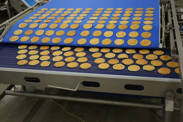 A PFI bakery conveyor transporting individual pancakes onto a secondary conveyor.