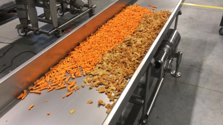 The PFI PURMotion conveyor system demonstrates how it handles separated snack foods.